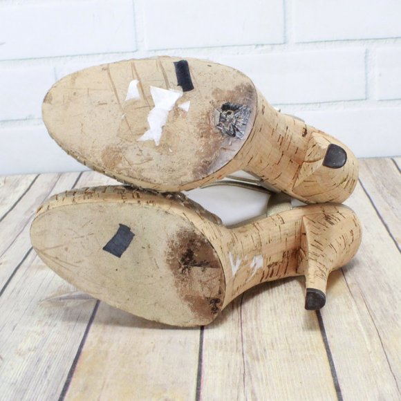 Michael Kors Gianna Gold Woven Leather Heeled Ankle Strap Cork Sandals Size 7.5 - Picture 6 of 8